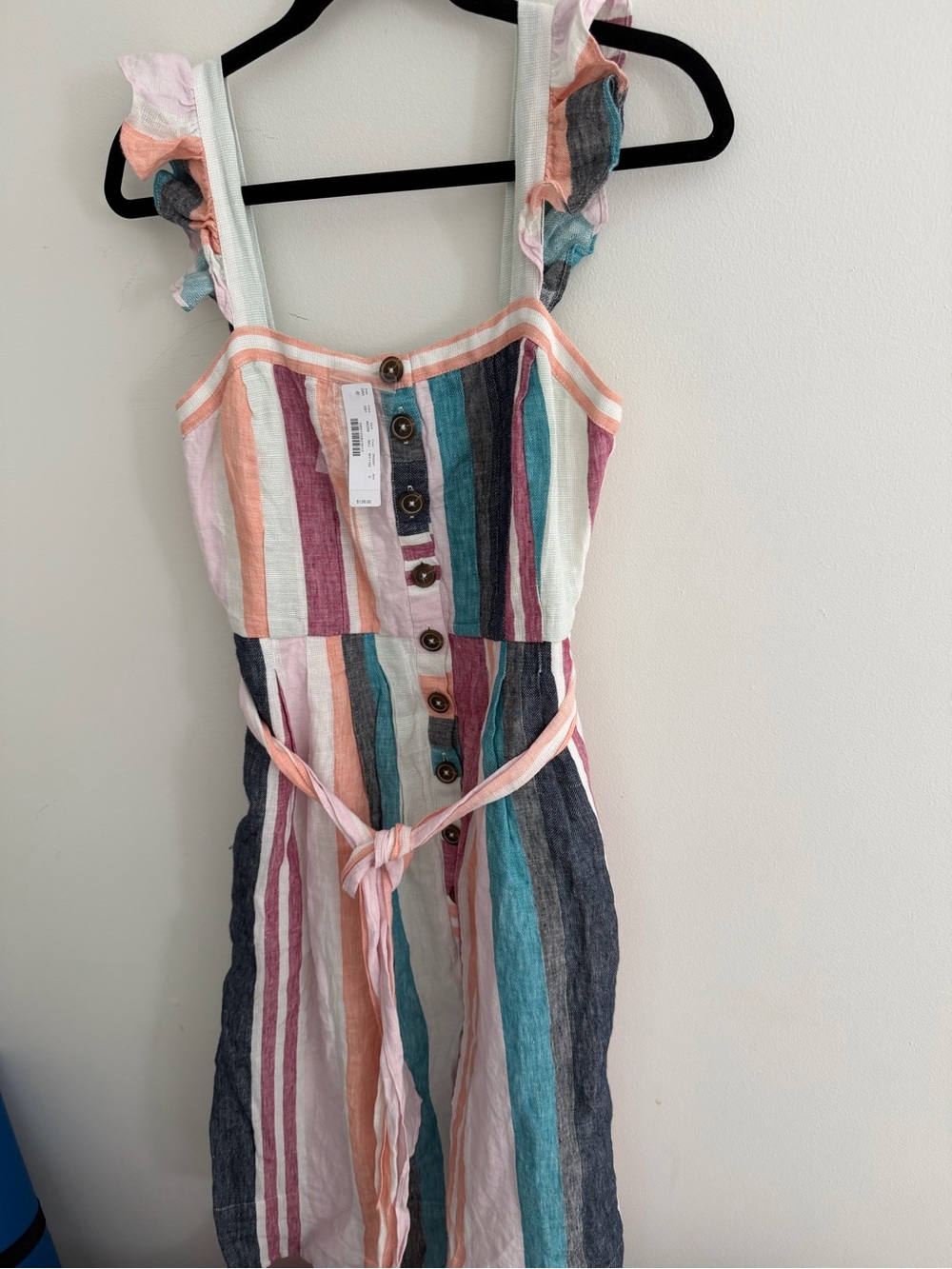 J. Crew Linen Summer Dress Midi Button-up Multicolor Mixed Stripe Ruffle NWT - Picture 3 of 12